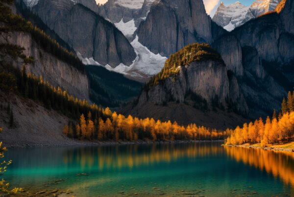 A breathtaking landscape of a turquoise lake reflecting majestic mountains under a dramatic sky and vibrant autumn foliage.
