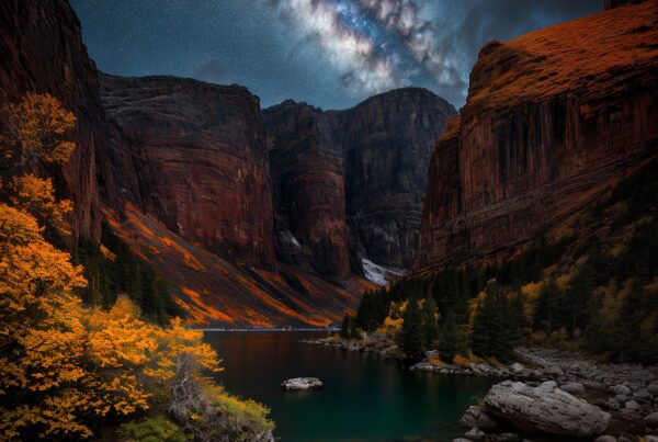 A starry sky over a canyon, reflecting in a tranquil lake surrounded by autumn foliage and boulders.
