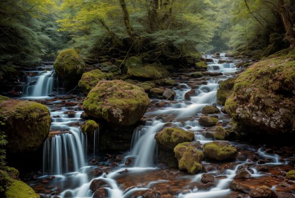 A serene forest stream with mossy rocks and lush greenery.