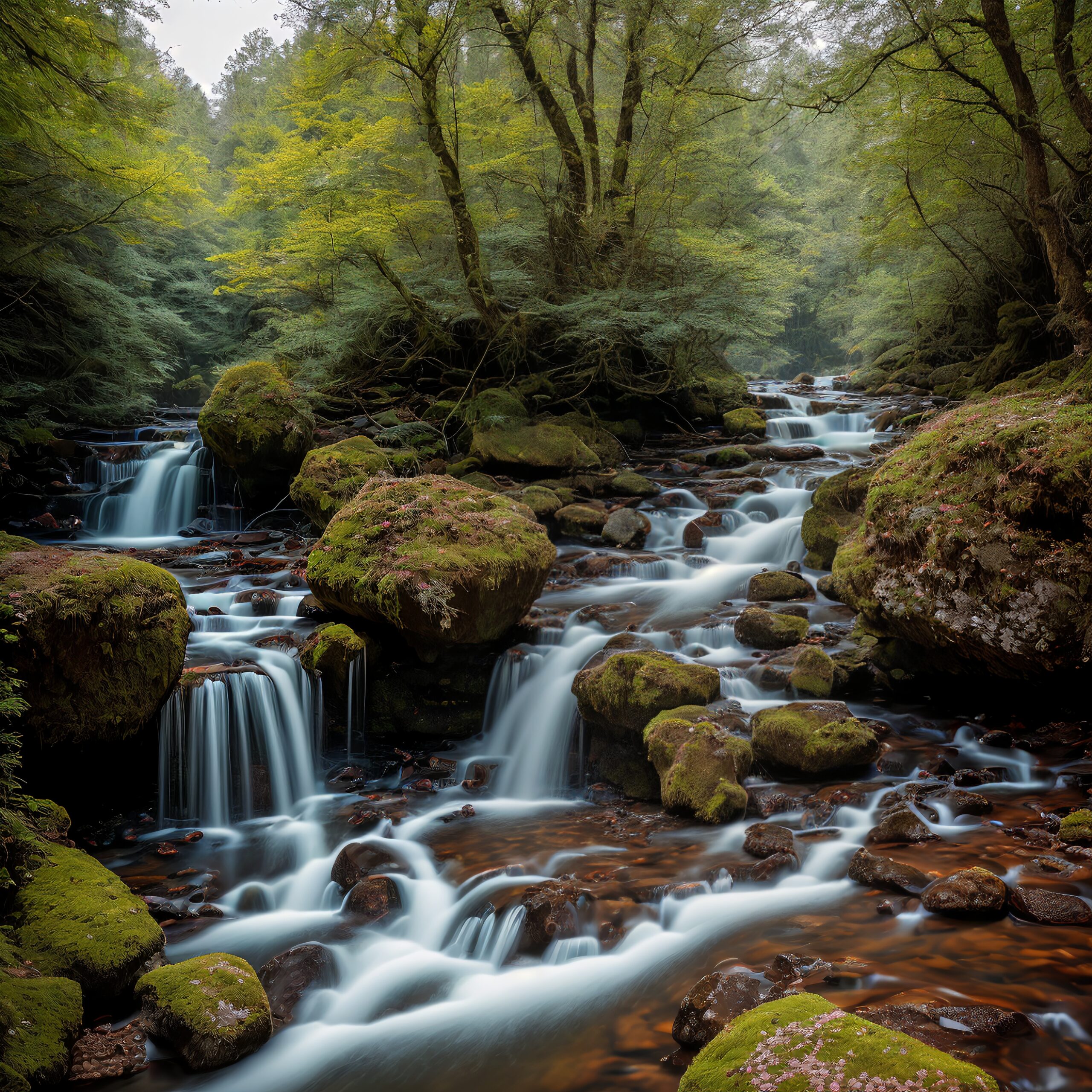 Tranquil Stream in Mossy Forest