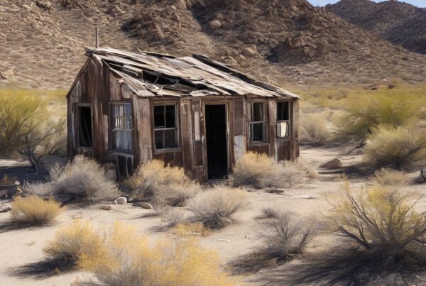 Desert ruin: Abandoned wooden cabin against arid, rugged mountai