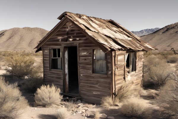 A weathered wooden shack standing in a desolate desert landscape with distant mountains under a clear sky.