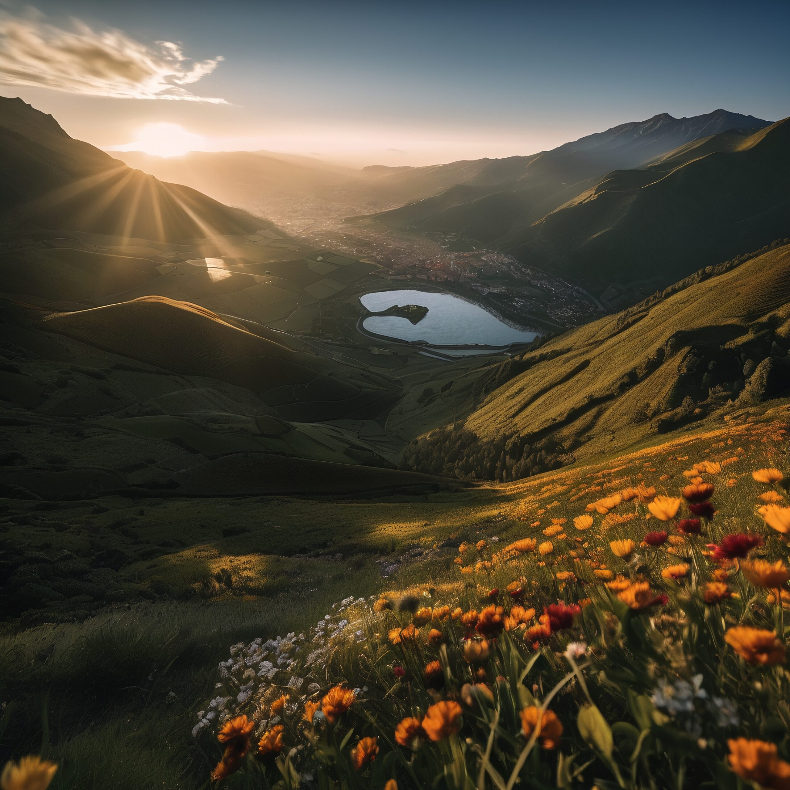 Sunset Over Serene Mountain Valley