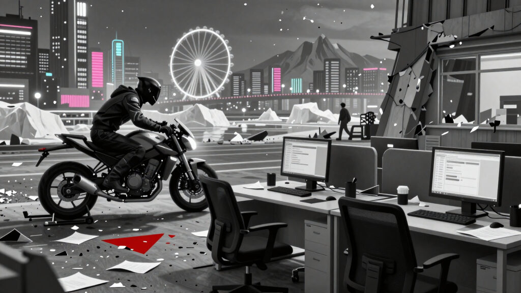 Cyberpunk Office Interior with Motorcyclist and Neon Cityscape