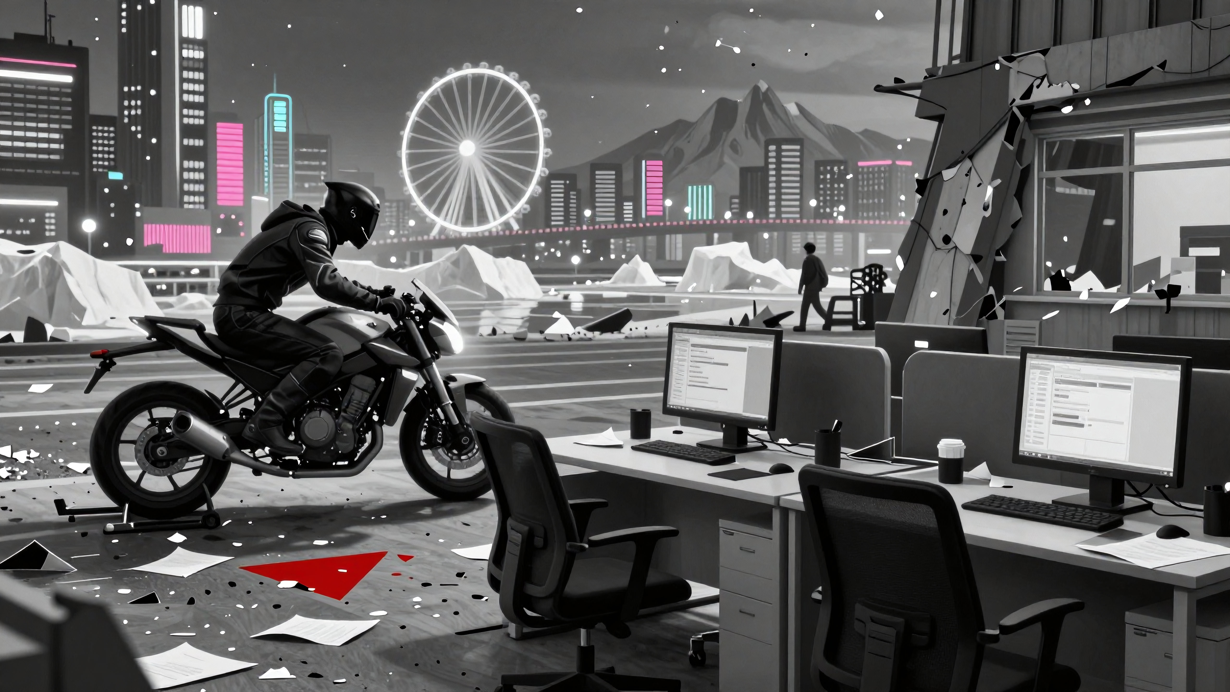 Cyberpunk Office Interior with Motorcyclist