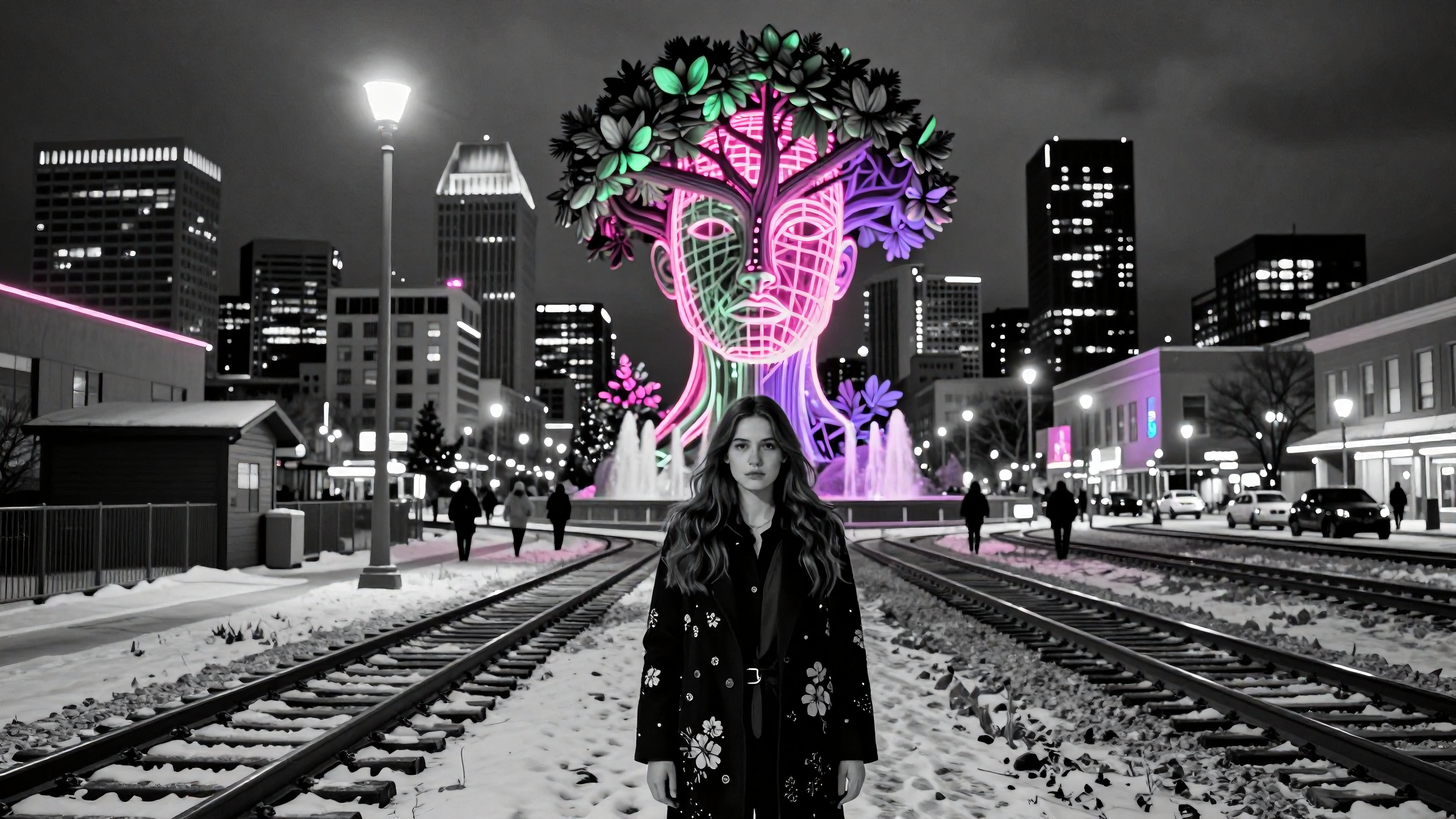 Snowy Urban Railway Station Art Installation