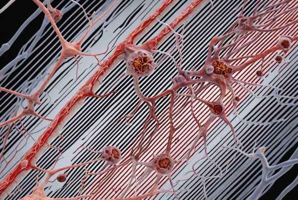 Detailed image of neural structures against striped background shows neurons' complex connectivity.