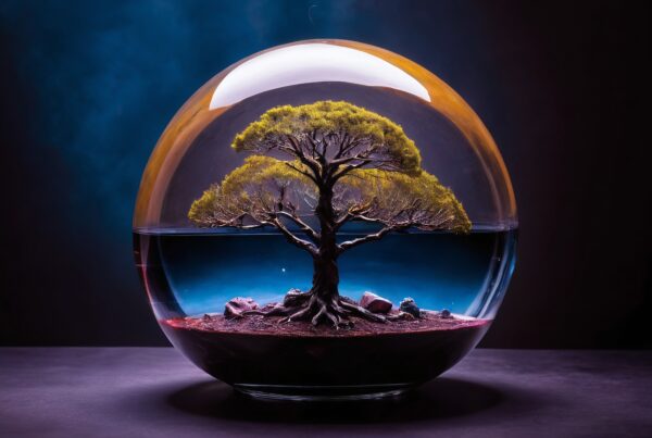 Bonsai tree in a glass orb showcasing natural beauty.