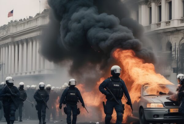 Police advancing on city street during protest with burning car in background.
