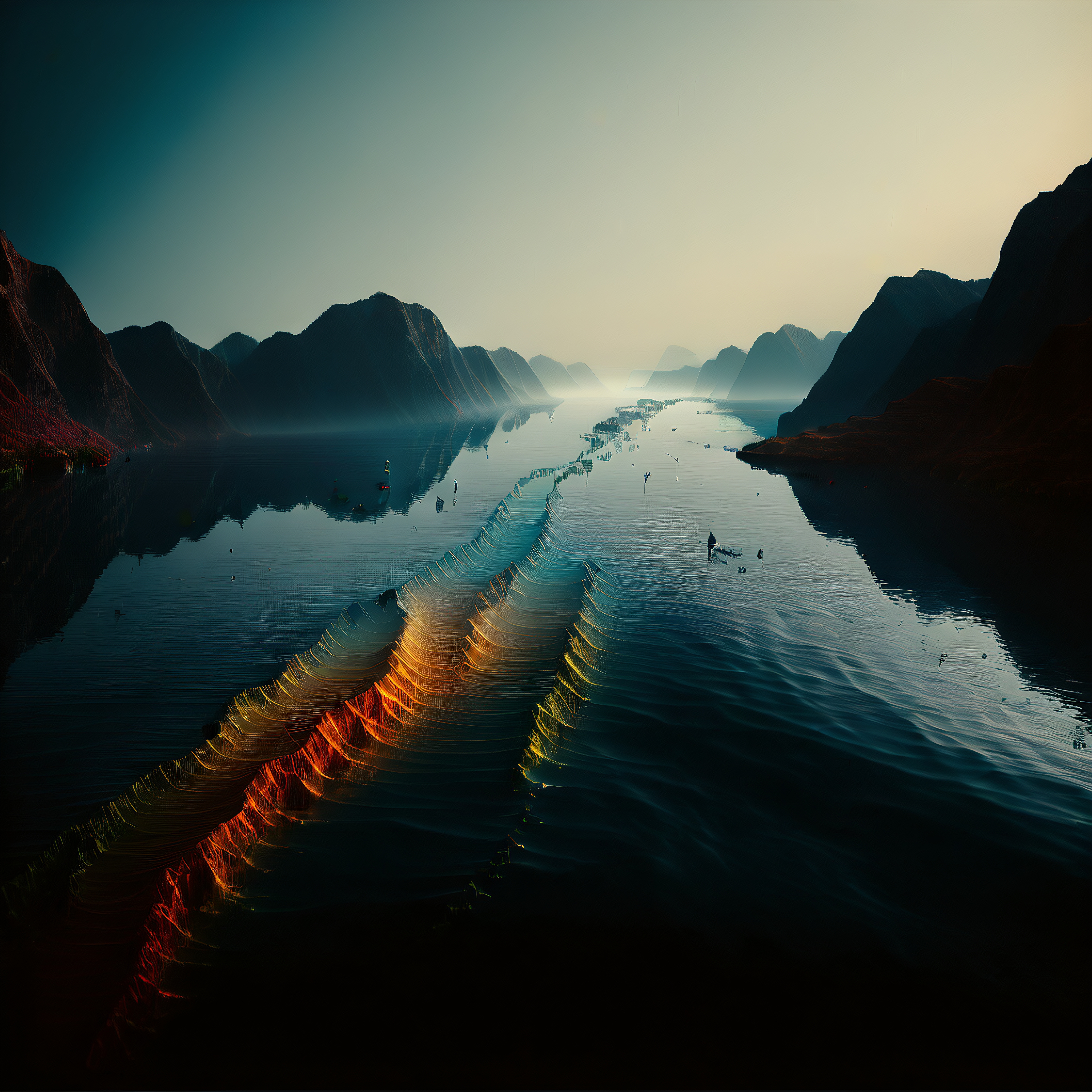 Serene Lake at Dawn with Abstract Reflections