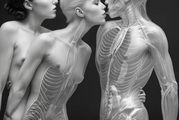 Three figures embrace, revealing detailed internal anatomy in a monochromatic surreal style.