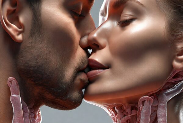 Close-up of couple kissing, revealing anatomical details beneath skin through digital artistry.