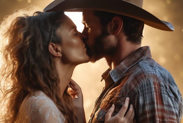 A couple sharing a romantic kiss at sunset with a golden glow and rustic charm.