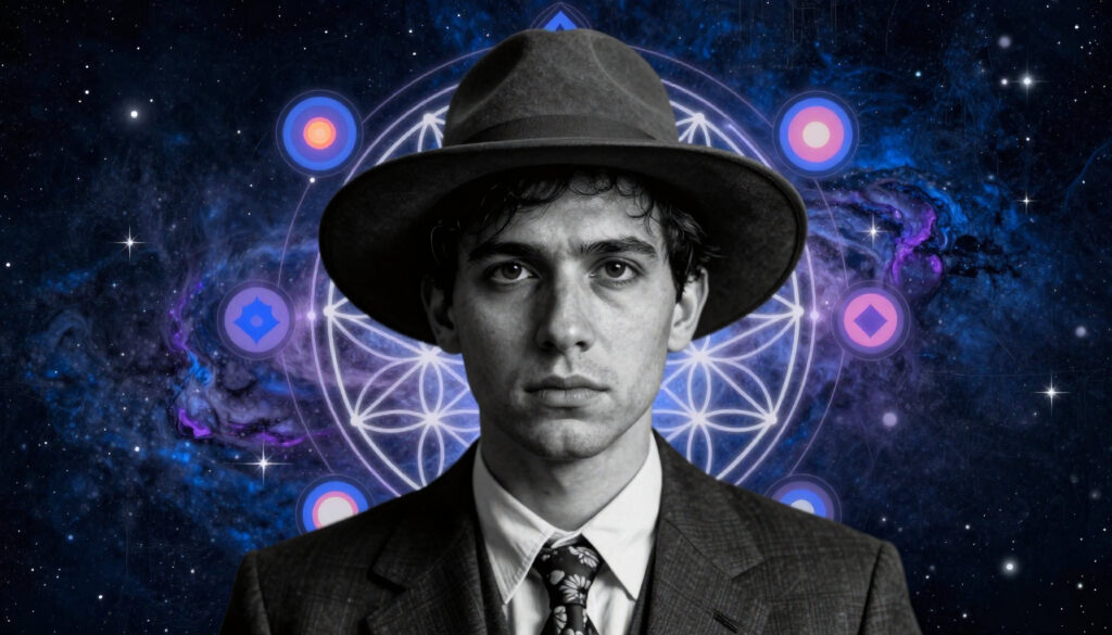 Man in Fedora Against Cosmic Nebula Background with Geometric Sy
