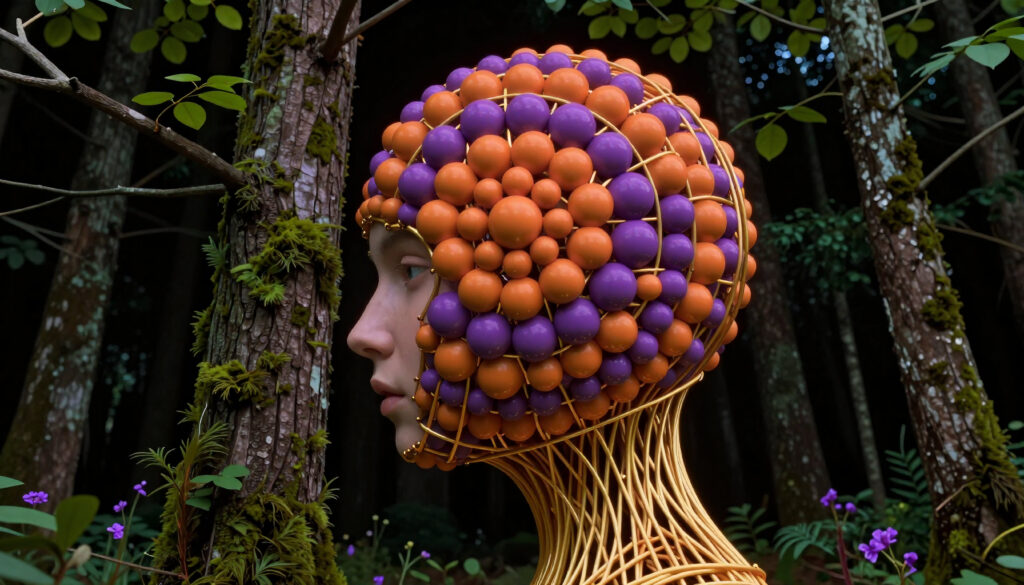 Artistic Head Sculpture with Spheres in Forest Setting