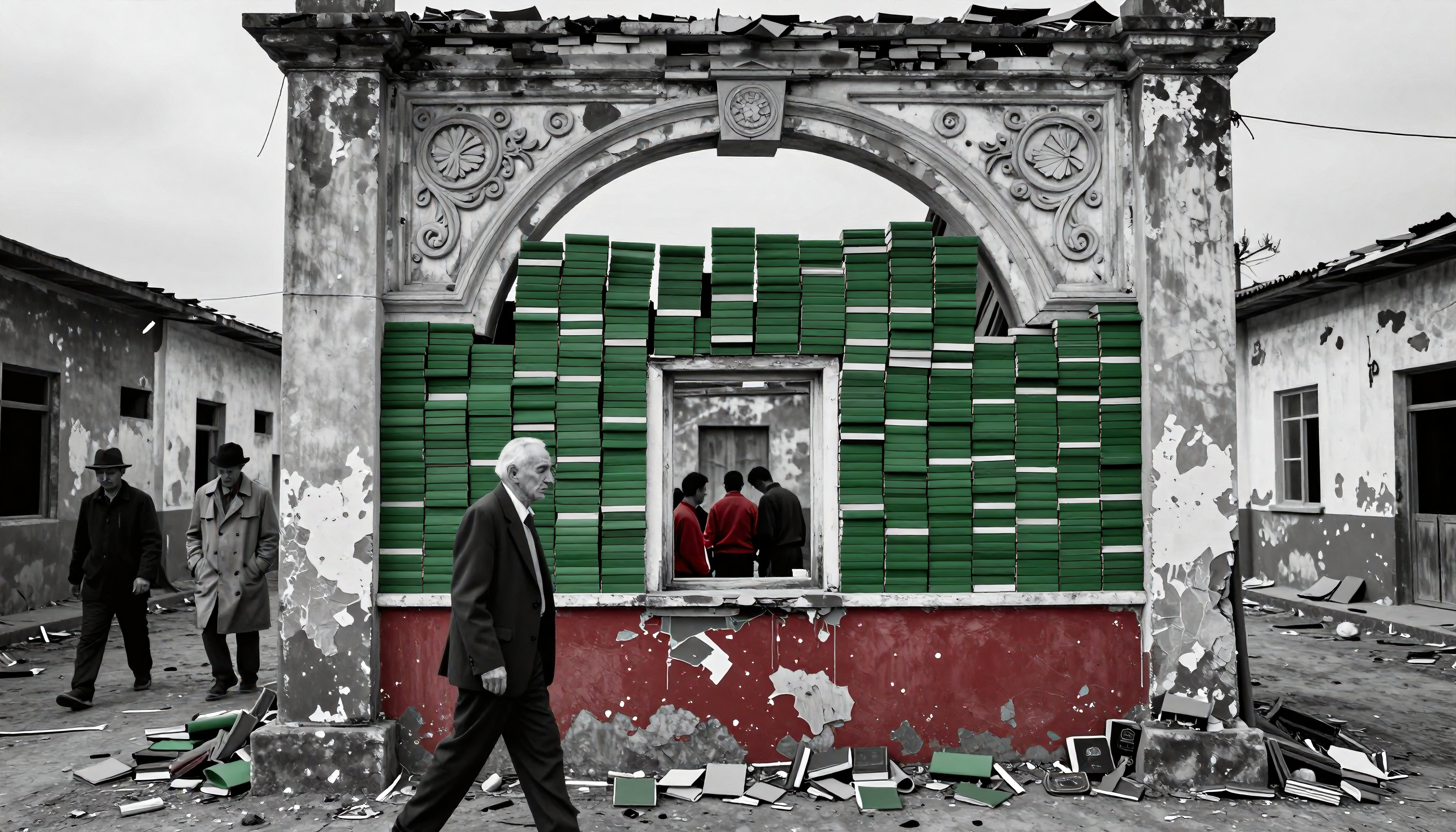 Dilapidated Building with Green Boxes
