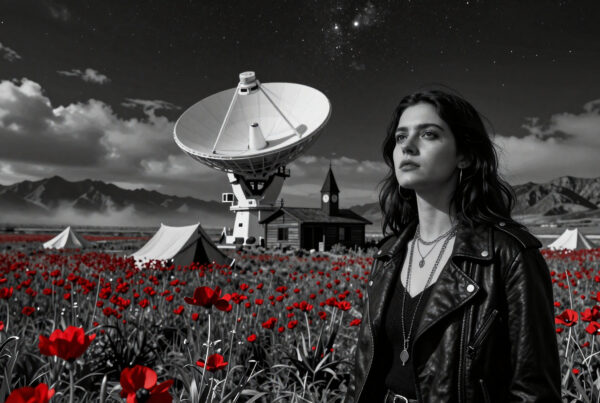 Woman standing in red poppy field under starry sky near satellite dish and church