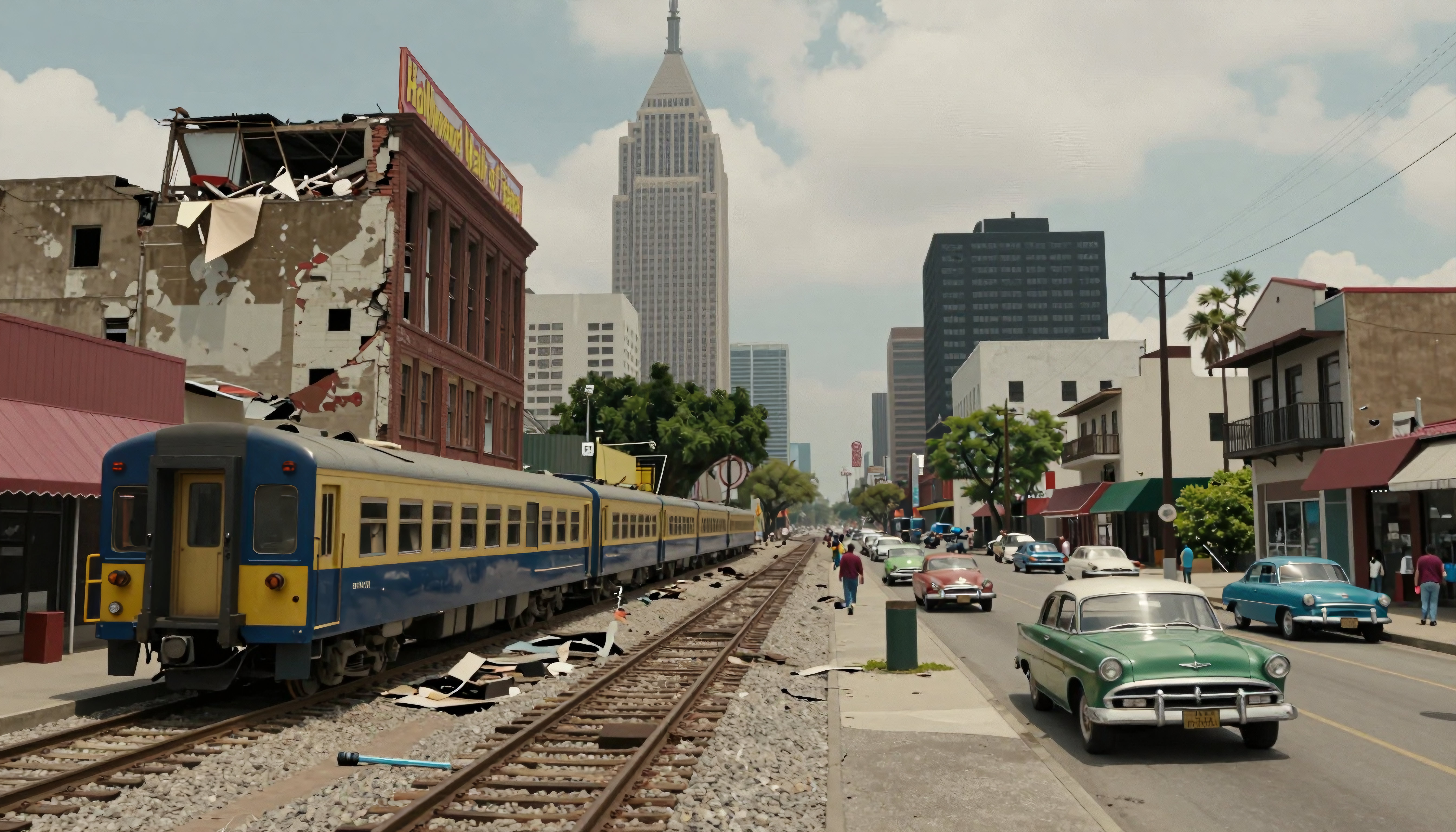 Urban Street with Vintage Cars and Train