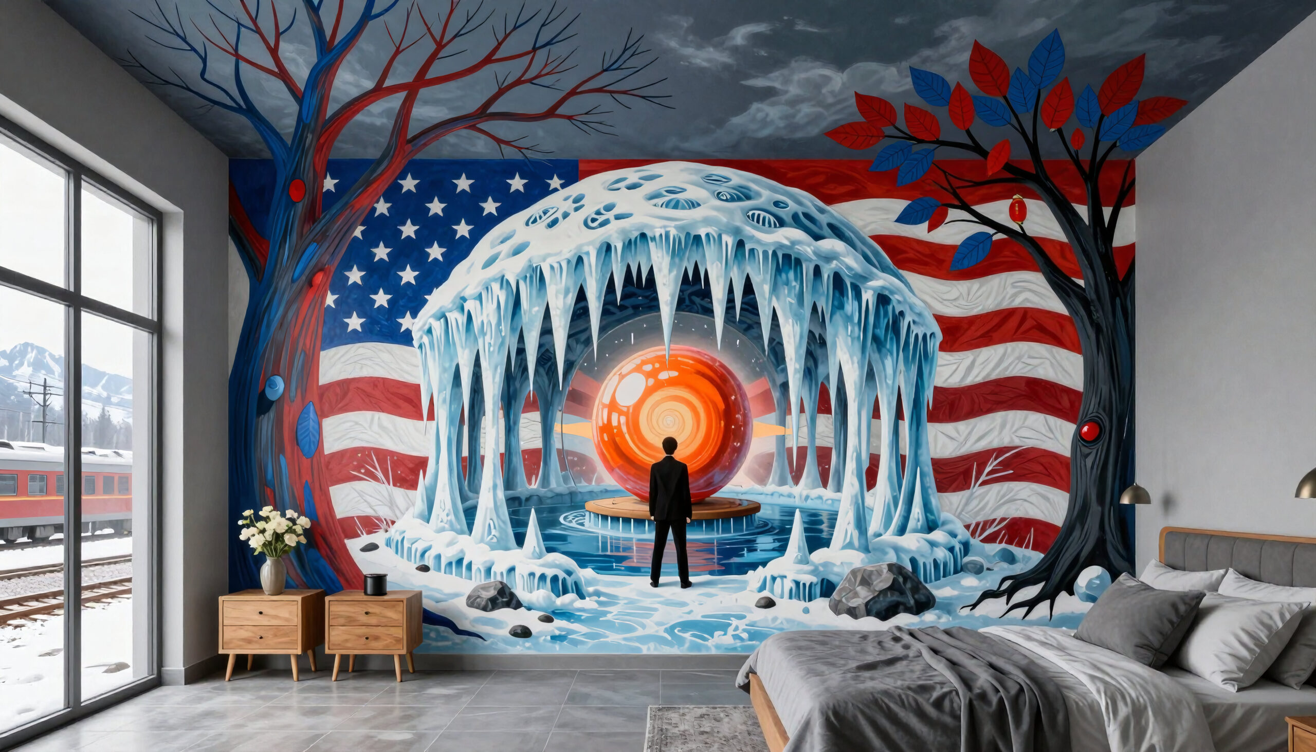 Room with Dramatic Americana Mural and Bed