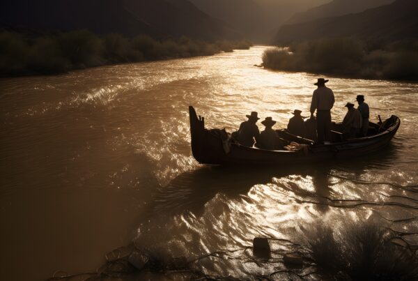 Silhouetted travelers on boat journeying at sunset along a glistening river with mountainous backdrop.