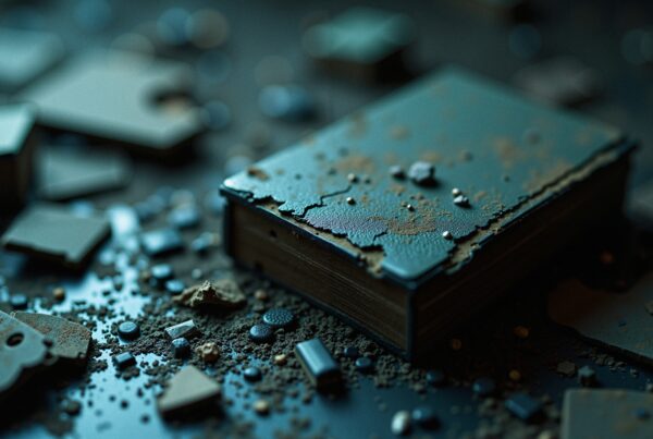 Ancient dusty book surrounded by scattered artifacts and rubble in eerie gloomy lighting suggesting lost secrets hidden under layers of neglect