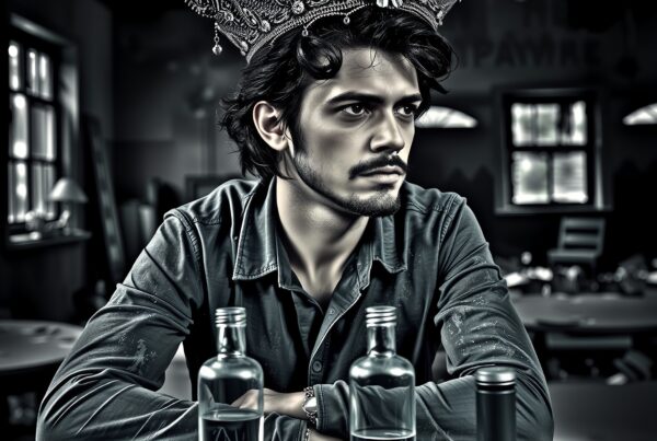 Man wearing elaborate crown seated alone at table with drinks in somber monochrome studio photo