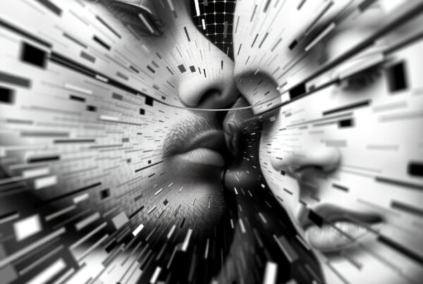 A surreal black and white image of two faces nearly kissing, surrounded by a burst of abstract digital lines.