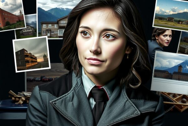 A contemplative woman in a suit is surrounded by overlapping photographs of diverse buildings and landscapes, highlighting a complex narrative of personal and worldly connections.
