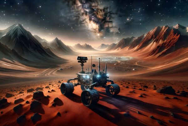 A futuristic Mars rover explores rugged red terrain beneath a starry sky with mountains.