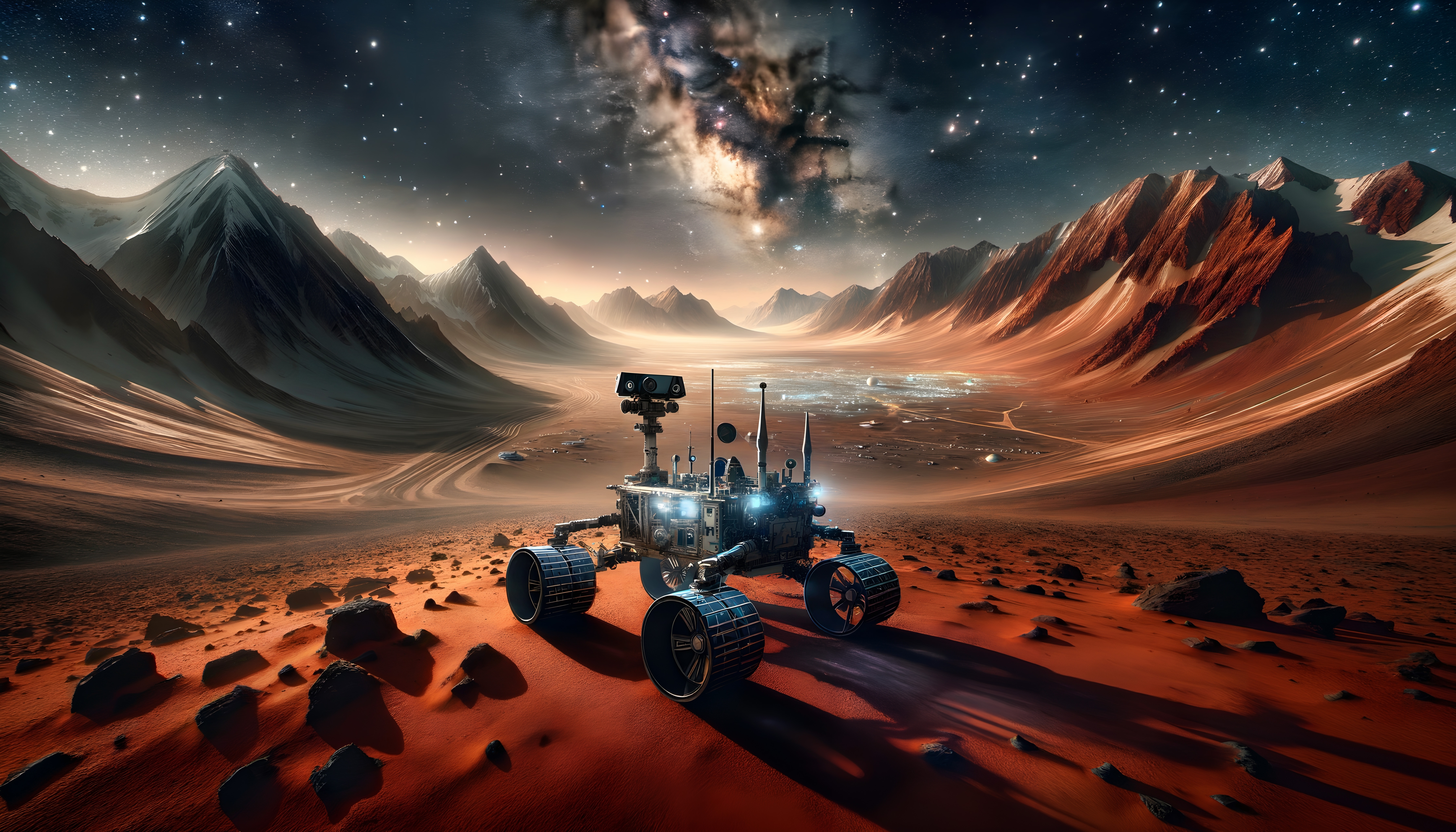 Mars Rover Exploring Distant Terrain