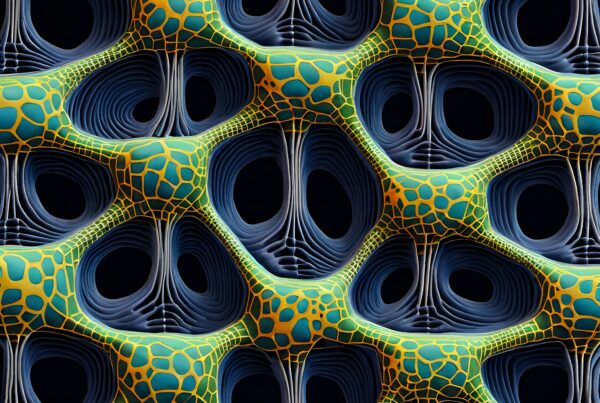 Intricate geometric pattern resembling organic cellular structure with vivid colors and high-contrast symmetry.