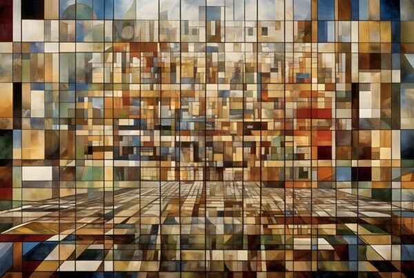 Intricate abstract mosaic featuring colorful rectangular blocks arranged in a complex geometric grid.