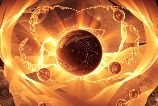 Surreal cosmic art featuring cats gazing into a glowing planet surrounded by orbits and stars