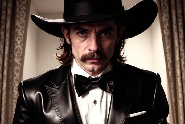 a sleek black tuxedo and top hat with an intense expression.