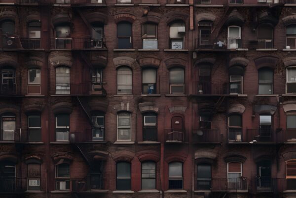 Urban brick apartment building facade with windows and fire escapes.