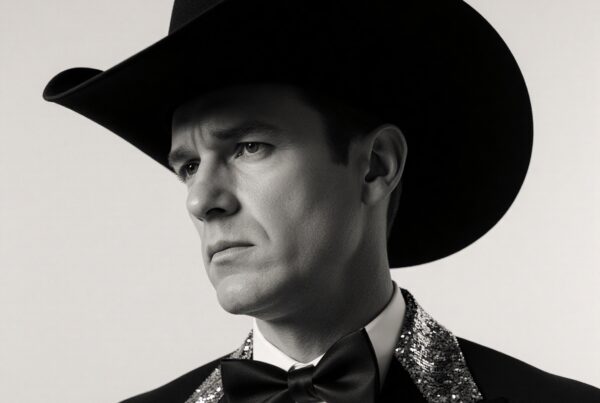 A man in a cowboy hat and tuxedo with sequined lapels in black and white portrait.
