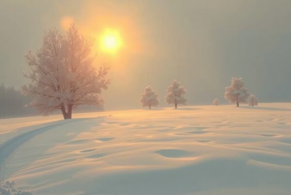 A winter landscape with snow-covered ground, frosty trees, and a golden sunrise.