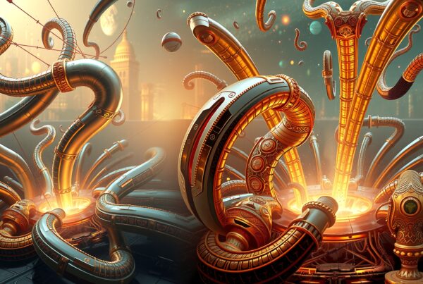 A mechanical scene with futuristic golden tentacles emerging from a glowing hub against a cosmic cityscape.
