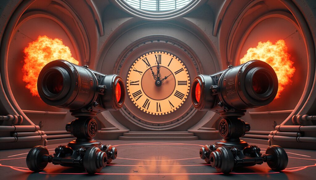 Vintage Robotic Cameras with Roman Numeral Clock in Futuristic I