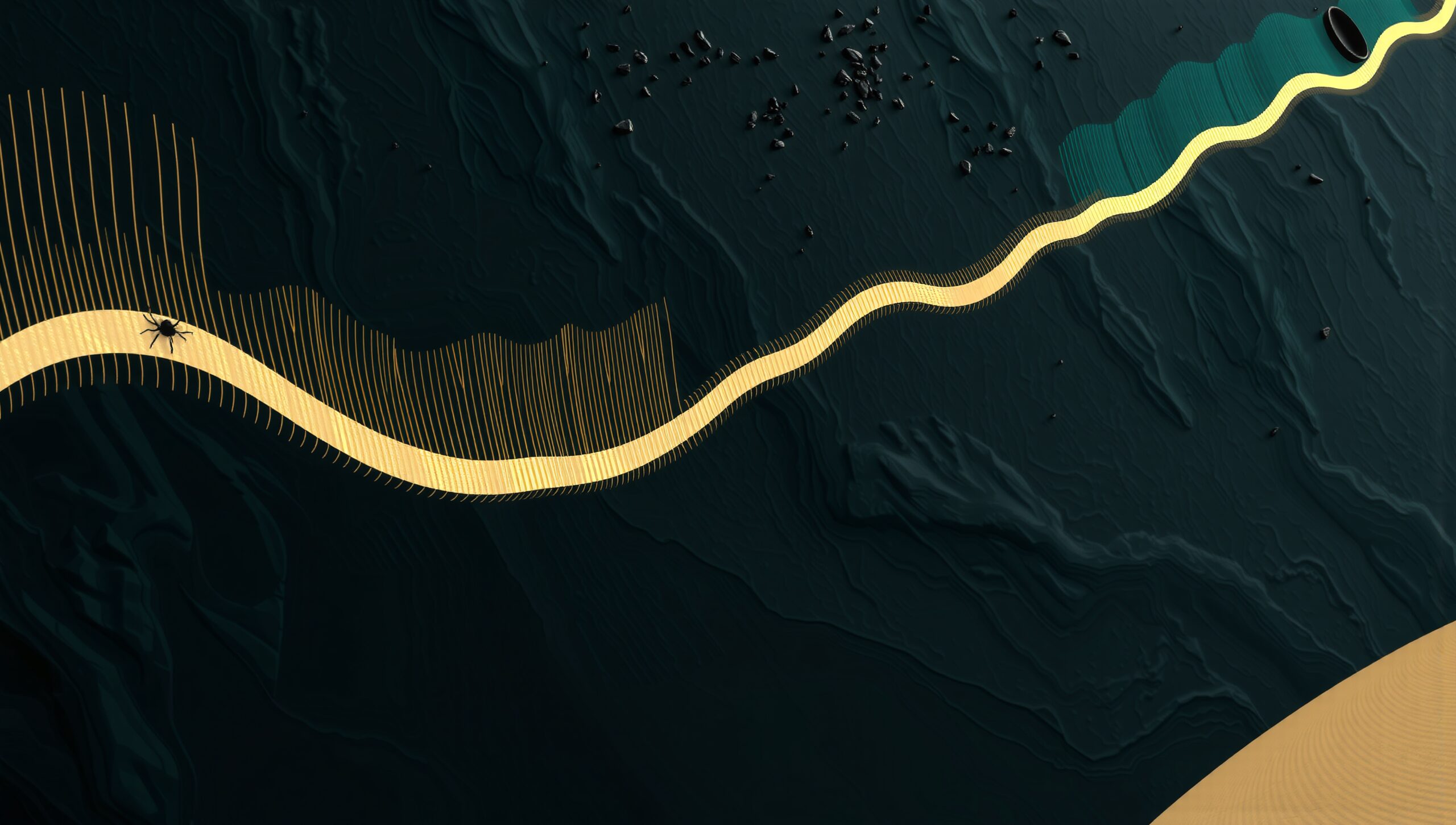 Golden Winding Path Through A Dark Landscape