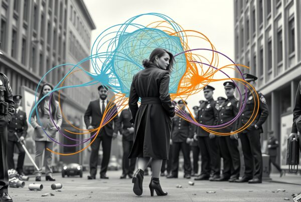 A woman in black walks confidently down a city street surrounded by officers, with vibrant abstract colors behind her, in a monochrome urban setting.