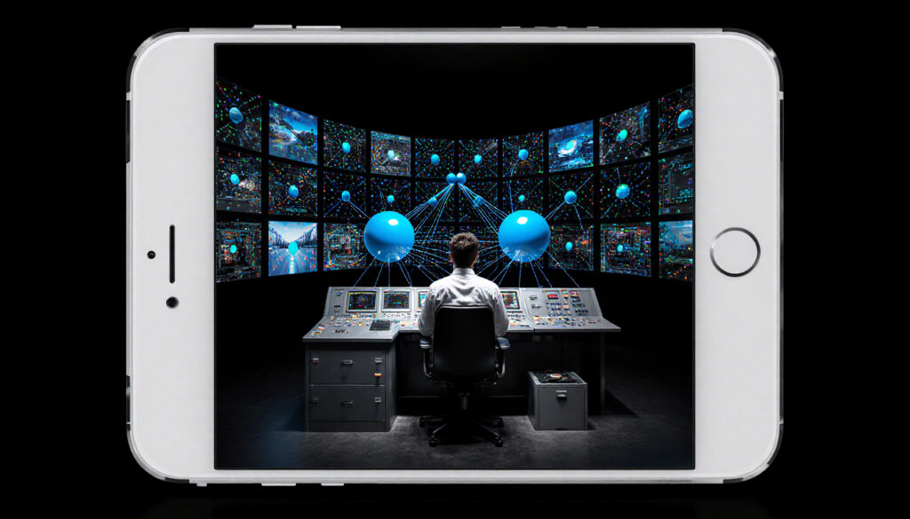 Man Interacting with Advanced Global Data Visualization on a Com
