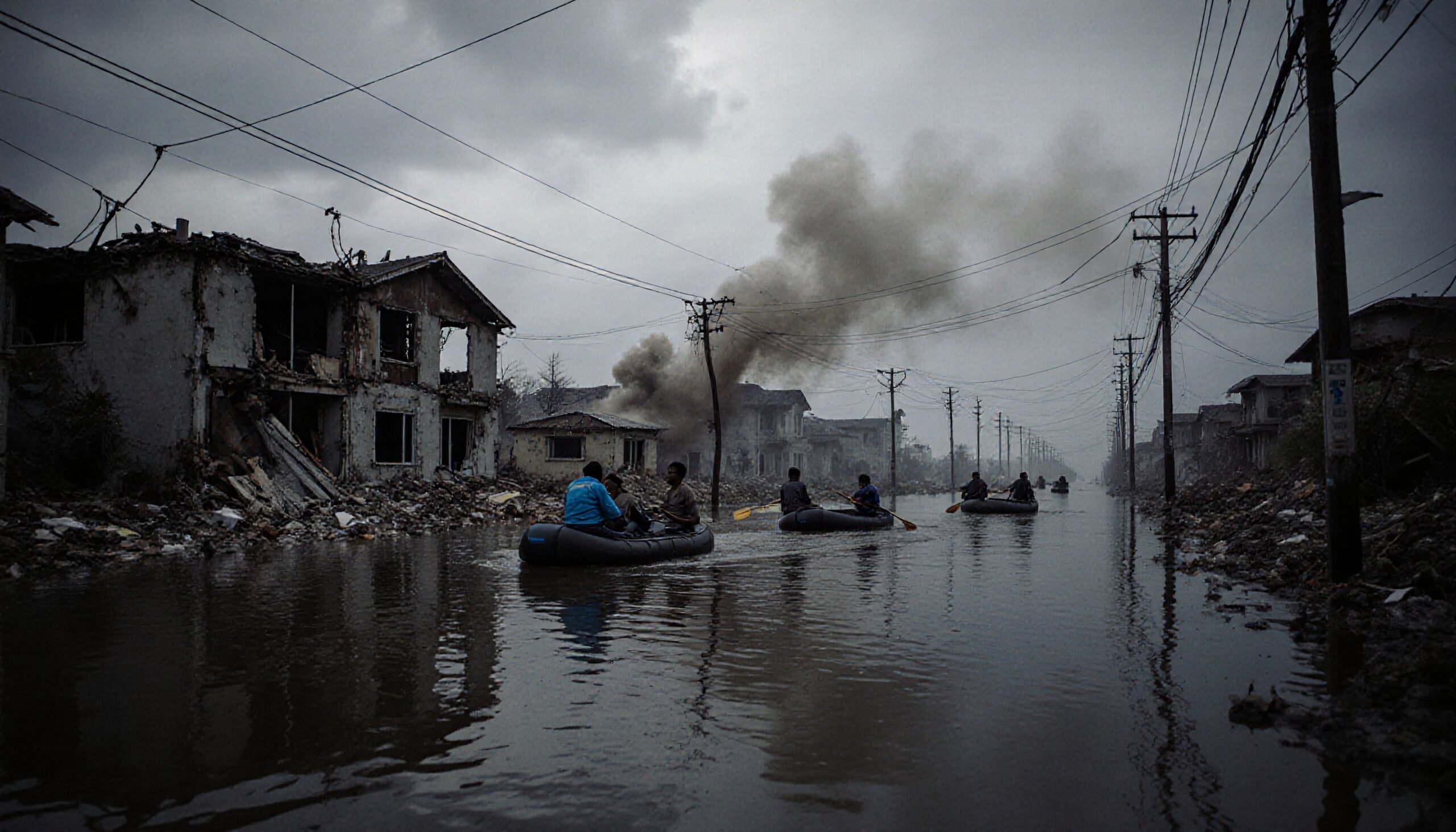 Flooded Urban Street with Inflatable Rafts