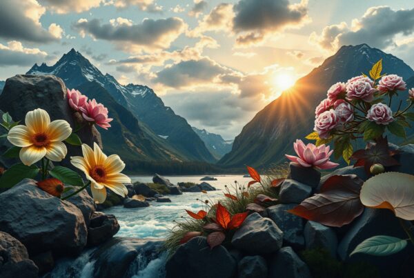 A serene landscape of mountains, flowers, and a river at sunset.