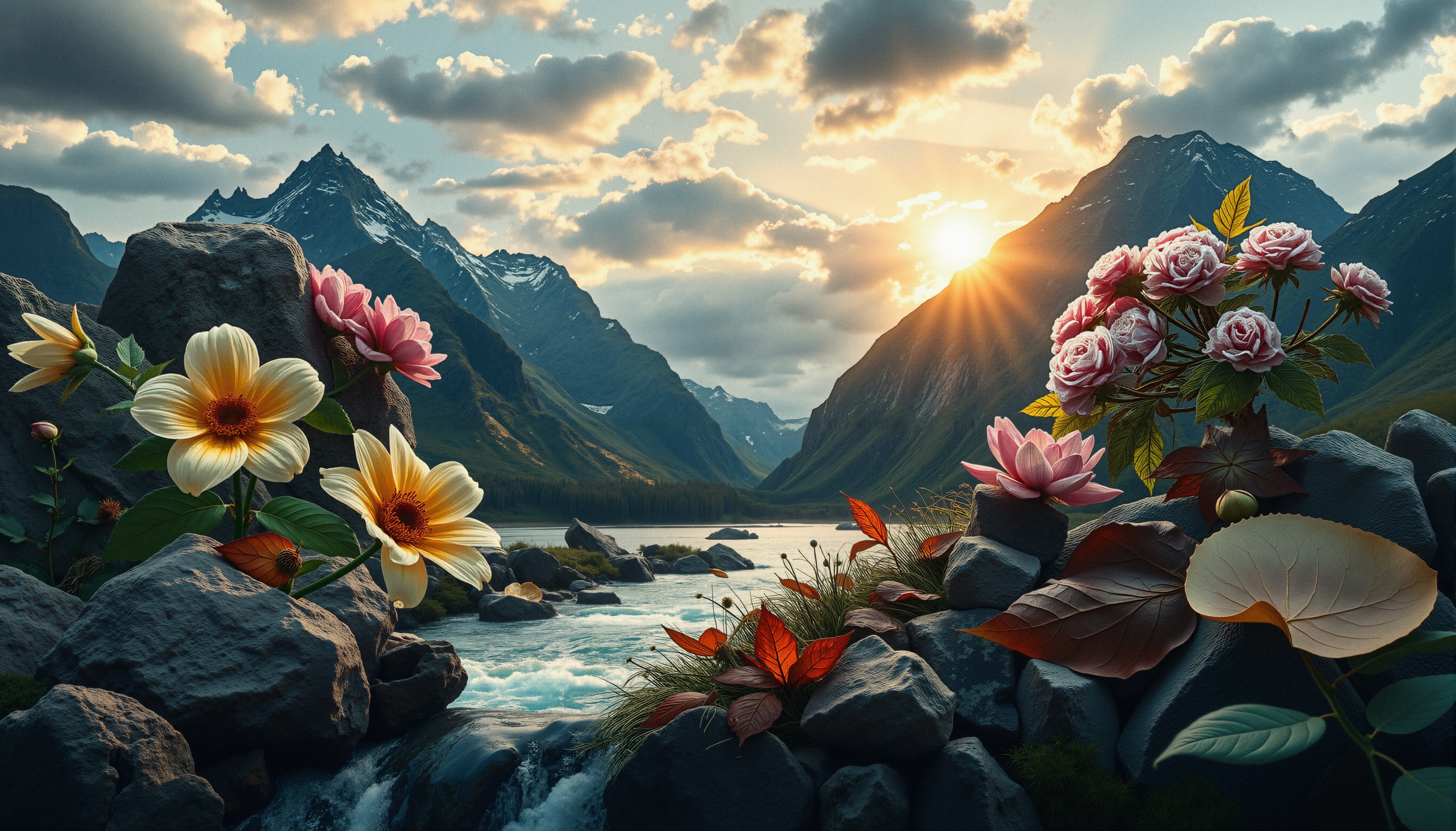 Majestic Mountains and Blossoms