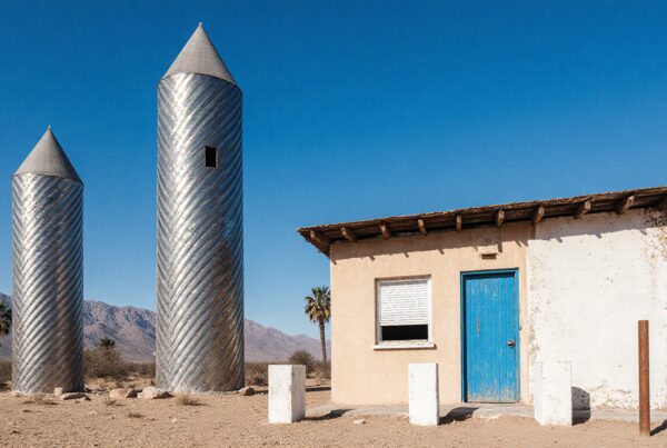 Two metallic silos and a small building in a desert landscape.