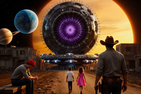 A futuristic spaceship hovers over a deserted western town under a planet-filled sky, blending sci-fi and western aesthetics.