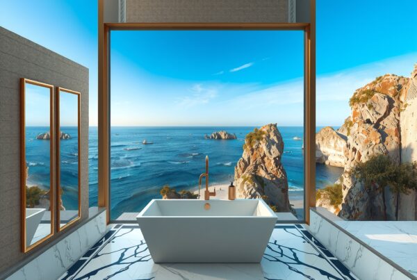 Elevated luxury bathroom with ocean view.