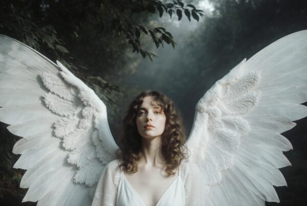 An angelic figure with large white wings stands serenely in a mystical forest setting.