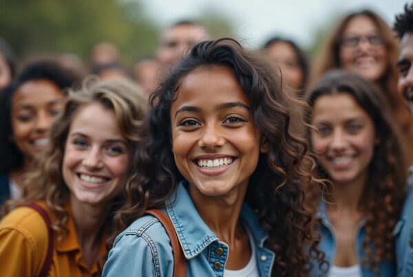 Smiling group of friends outdoors enjoying time together.